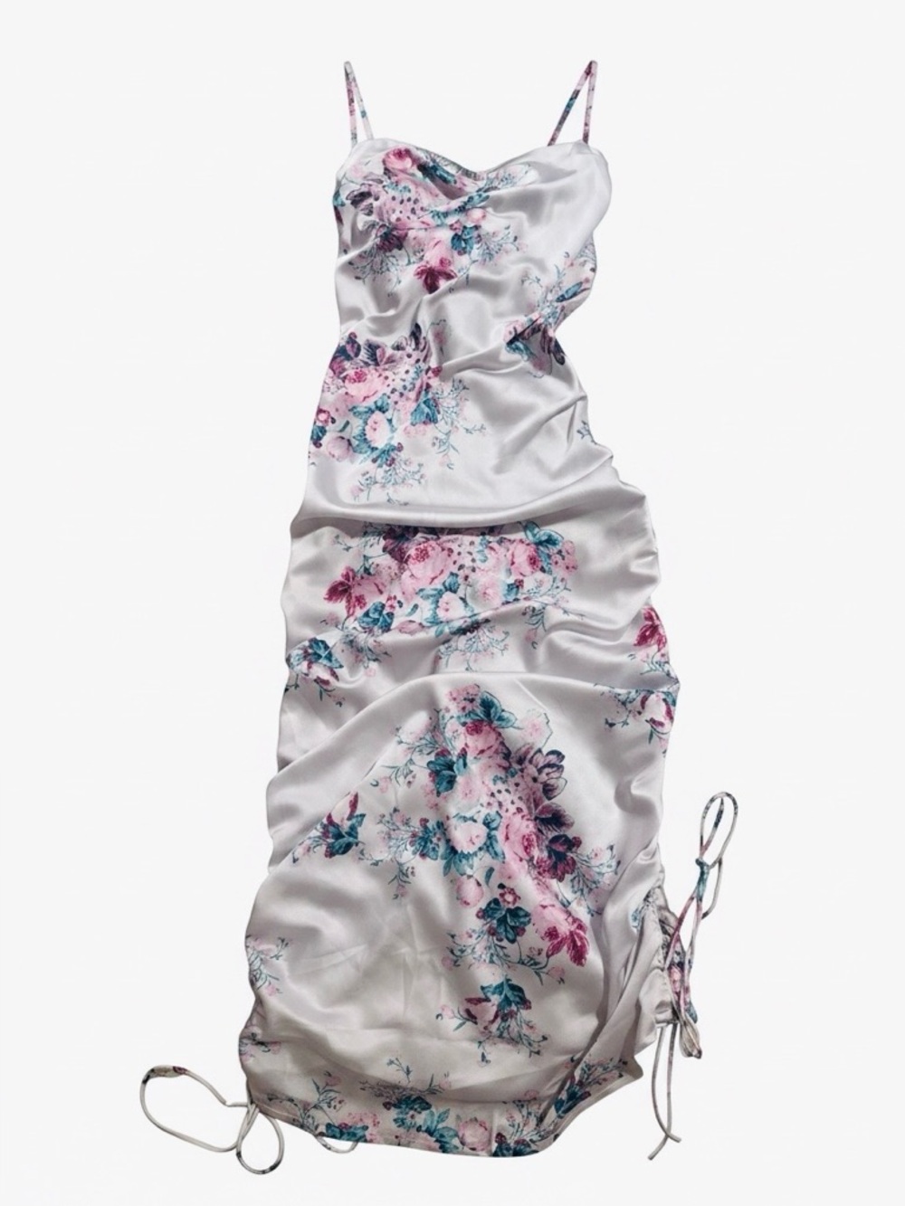 For Love & Lemons Pink & Teal Floral Satin Slip Dress
